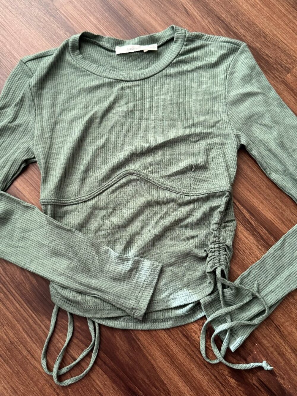 Green Long Sleeve Top with Ruched Cinched Tie Side